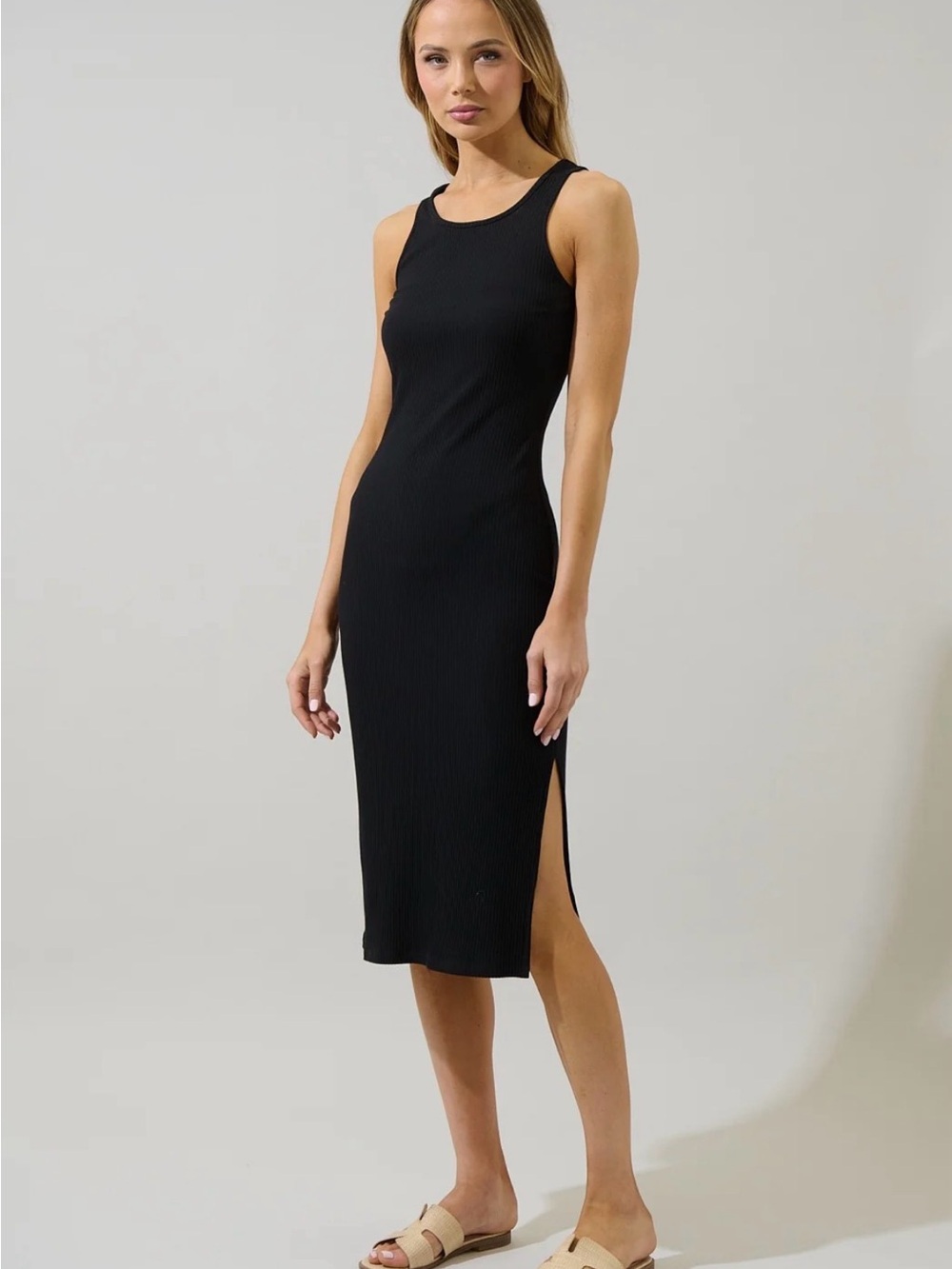 Lisbon Ribbed Black Knit Tank Midi Dress with Slit